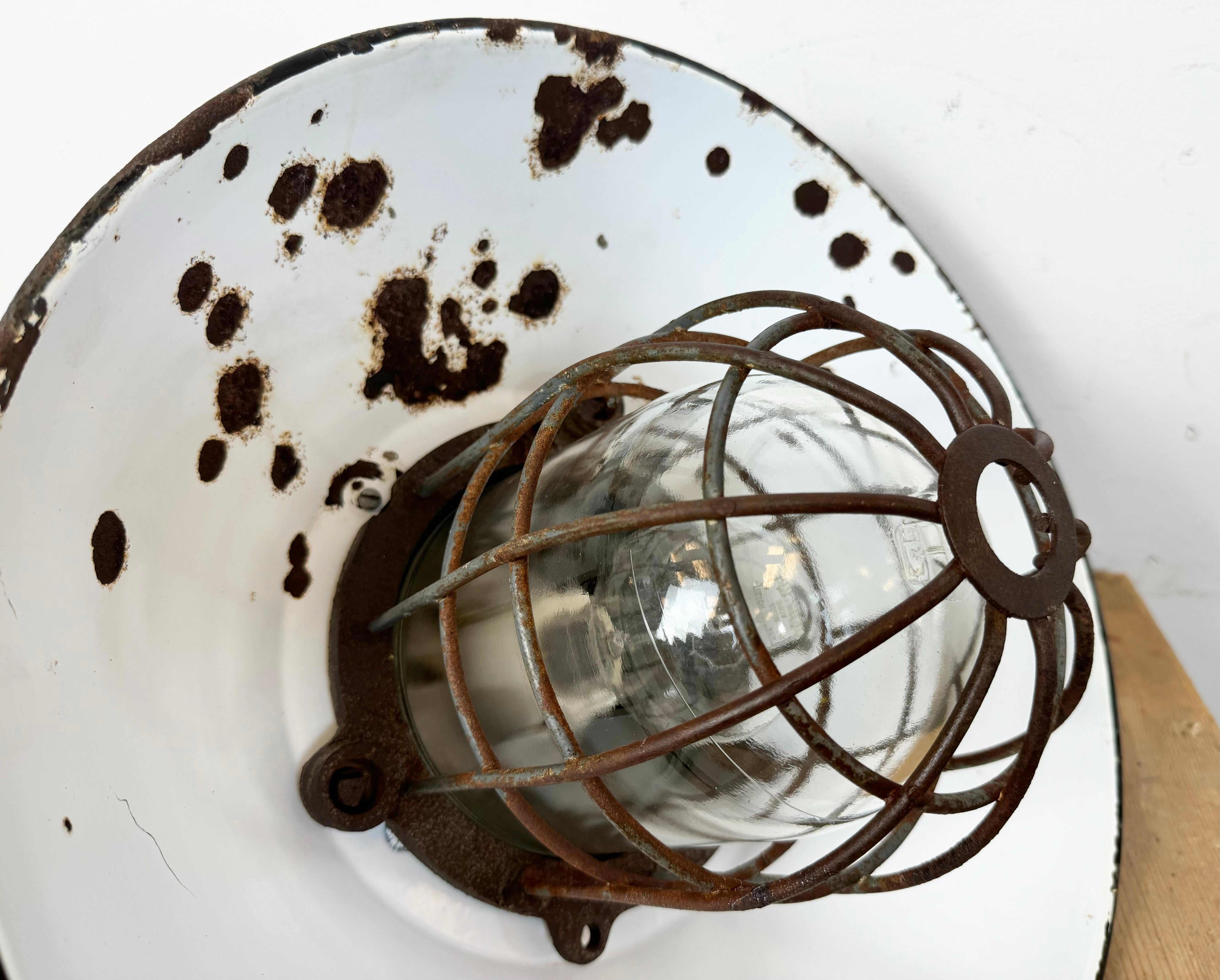 Black Enamel and Cast Iron Industrial Cage Pendant Light, 1960s For Sale 13