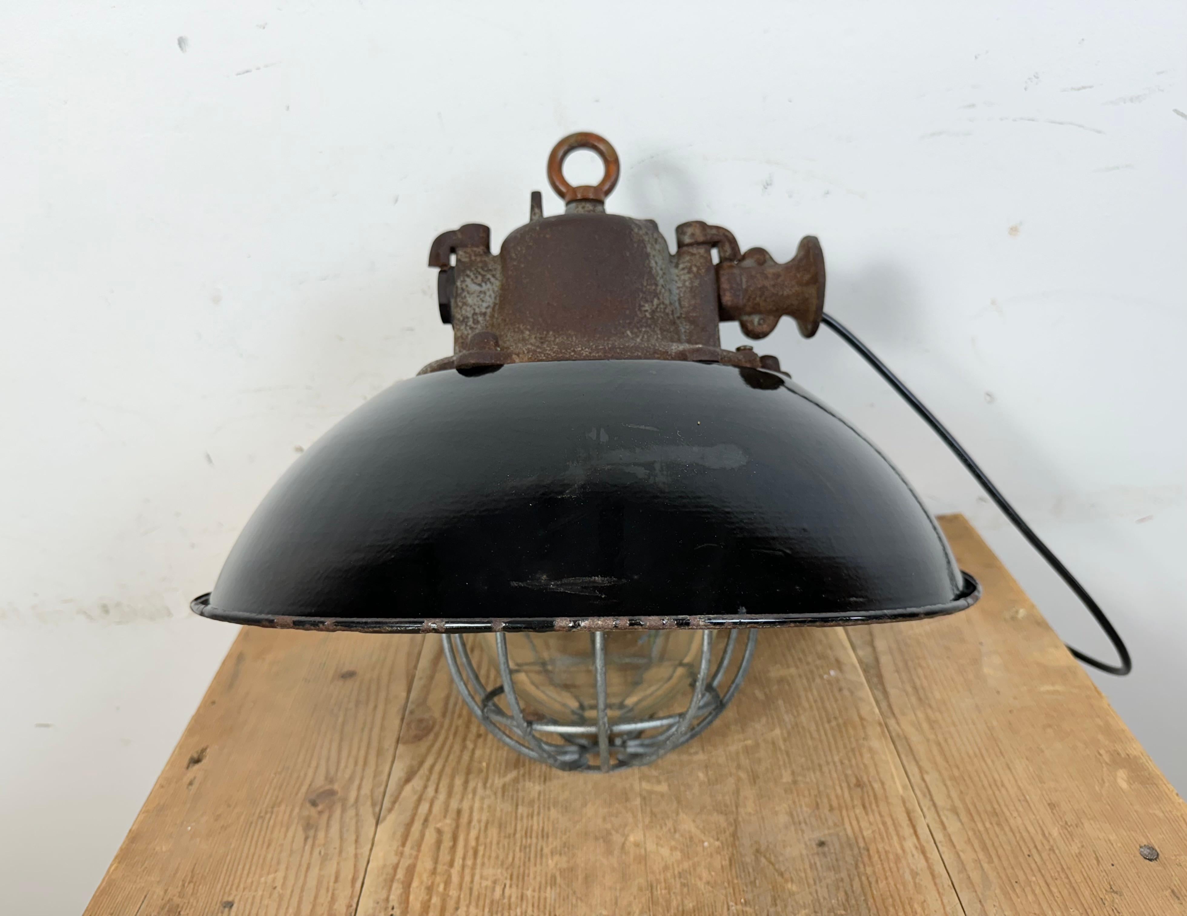 Black Enamel and Cast Iron Industrial Cage Pendant Light, 1960s For Sale 13