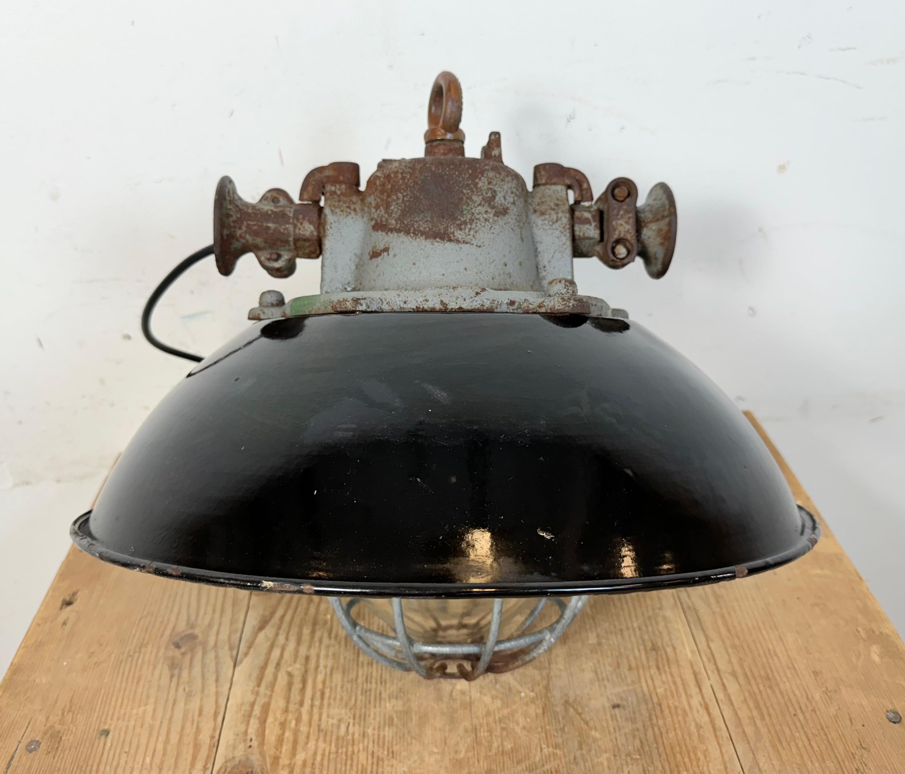 Black Enamel and Cast Iron Industrial Cage Pendant Light, 1960s 13
