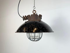 Black Enamel and Cast Iron Industrial Cage Pendant Light, 1960s
