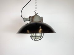 Black Enamel and Cast Iron Industrial Cage Pendant Light, 1960s