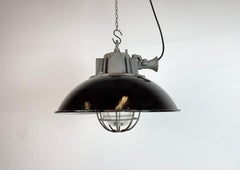 Black Enamel and Cast Iron Industrial Cage Pendant Light, 1960s