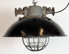 Black Enamel and Cast Iron Industrial Cage Pendant Light, 1960s