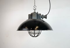 Black Enamel and Cast Iron Industrial Cage Pendant Light, 1960s