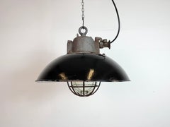 Black Enamel and Cast Iron Industrial Cage Pendant Light, 1960s
