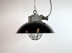 Black Enamel and Cast Iron Industrial Cage Pendant Light, 1960s