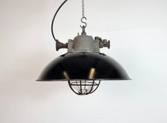 Black Enamel and Cast Iron Industrial Cage Pendant Light, 1960s