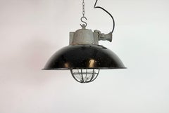 Black Enamel and Cast Iron Industrial Cage Pendant Light, 1960s