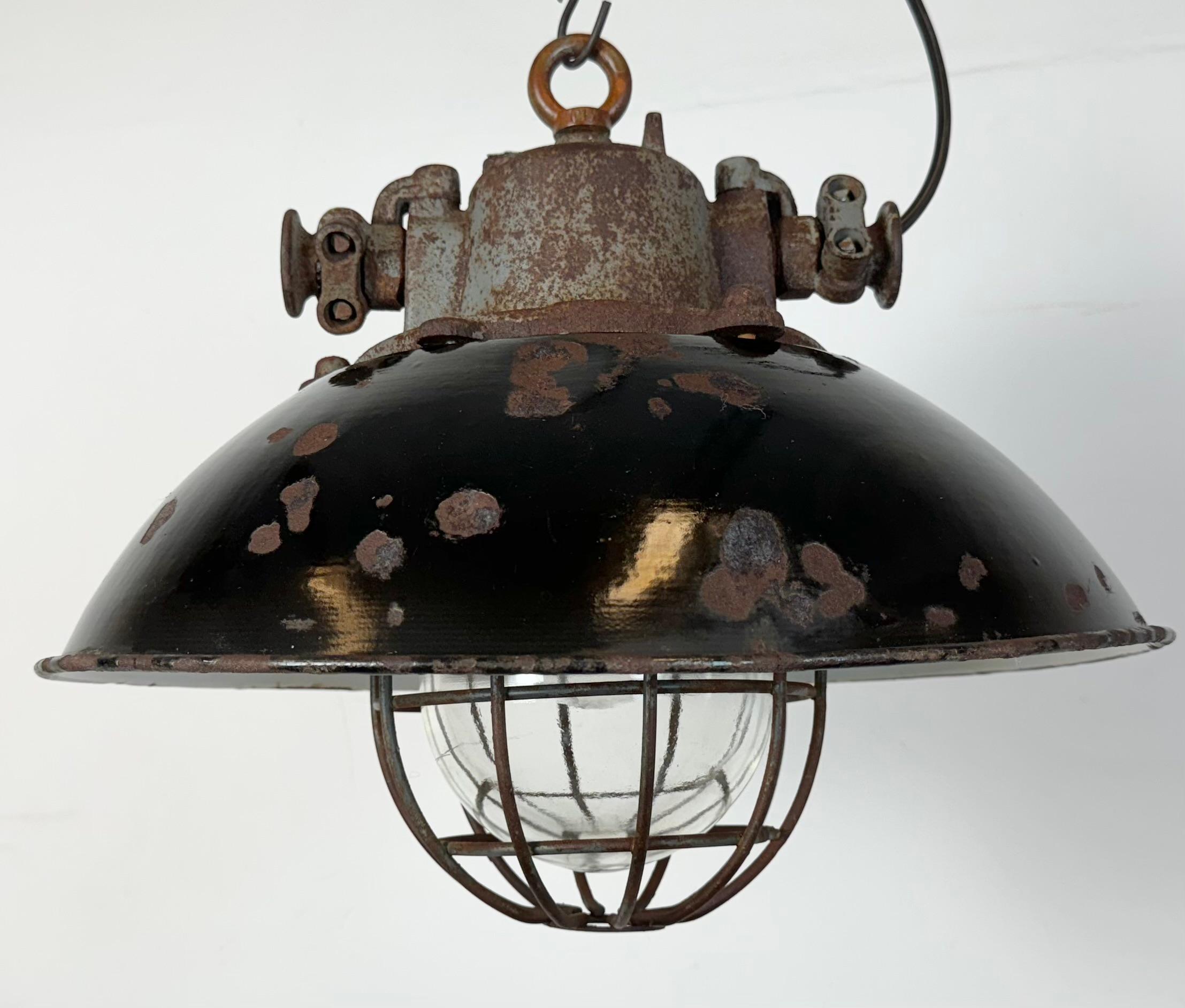 Czech Black Enamel and Cast Iron Industrial Cage Pendant Light, 1960s For Sale