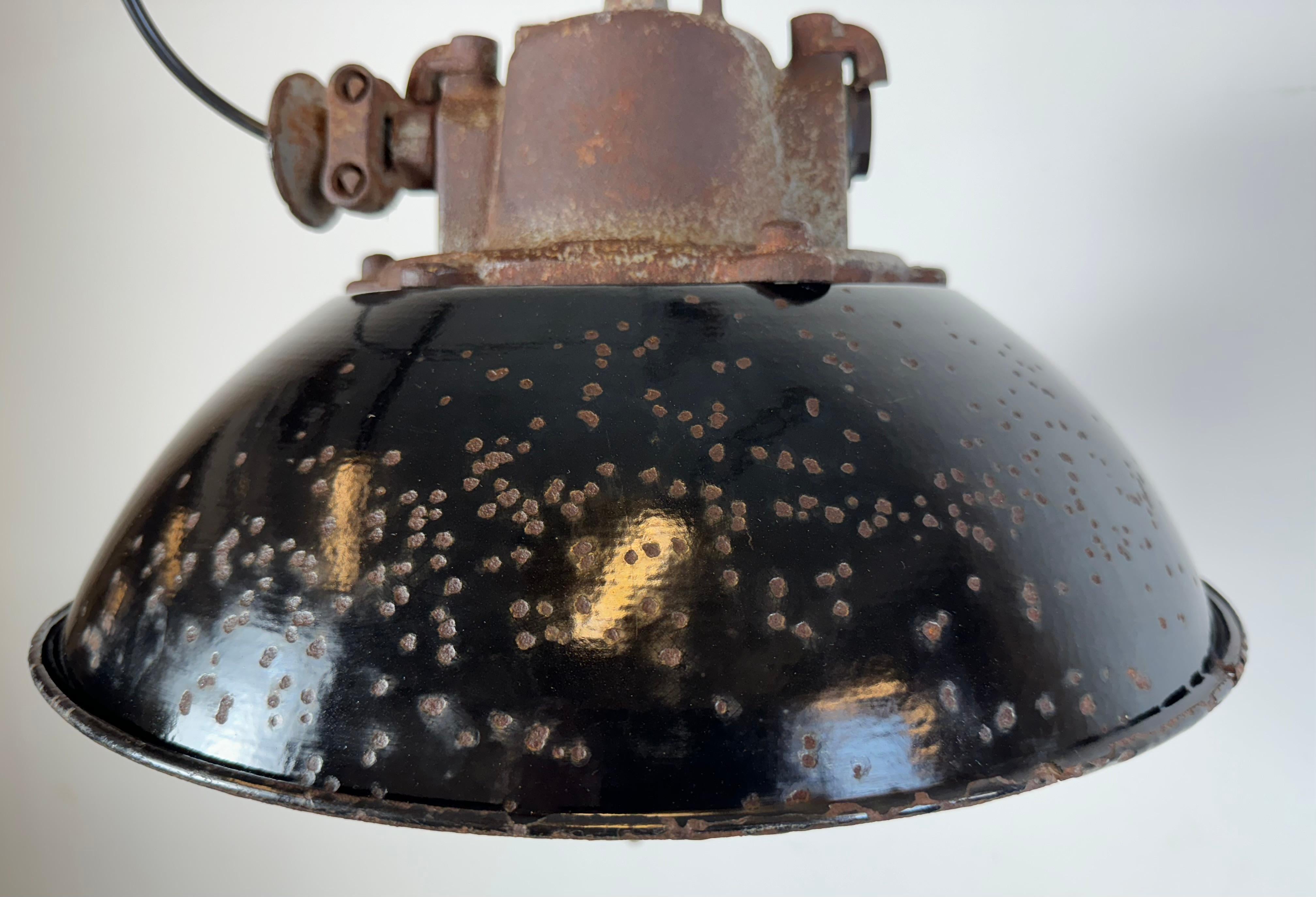 Czech Black Enamel and Cast Iron Industrial Cage Pendant Light, 1960s For Sale