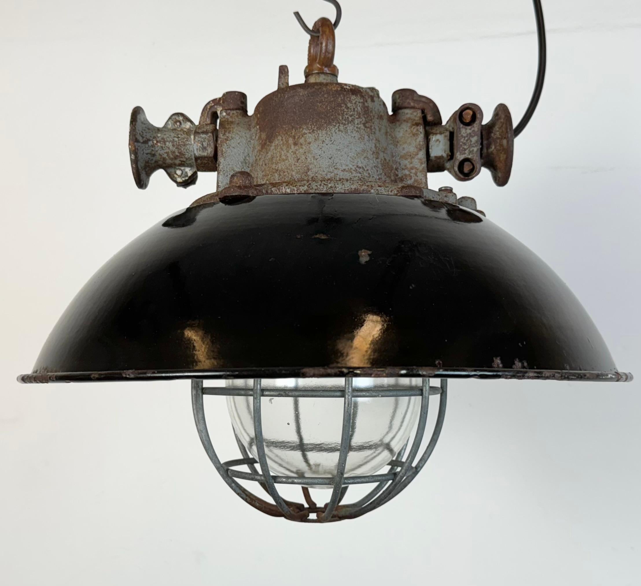 Czech Black Enamel and Cast Iron Industrial Cage Pendant Light, 1960s