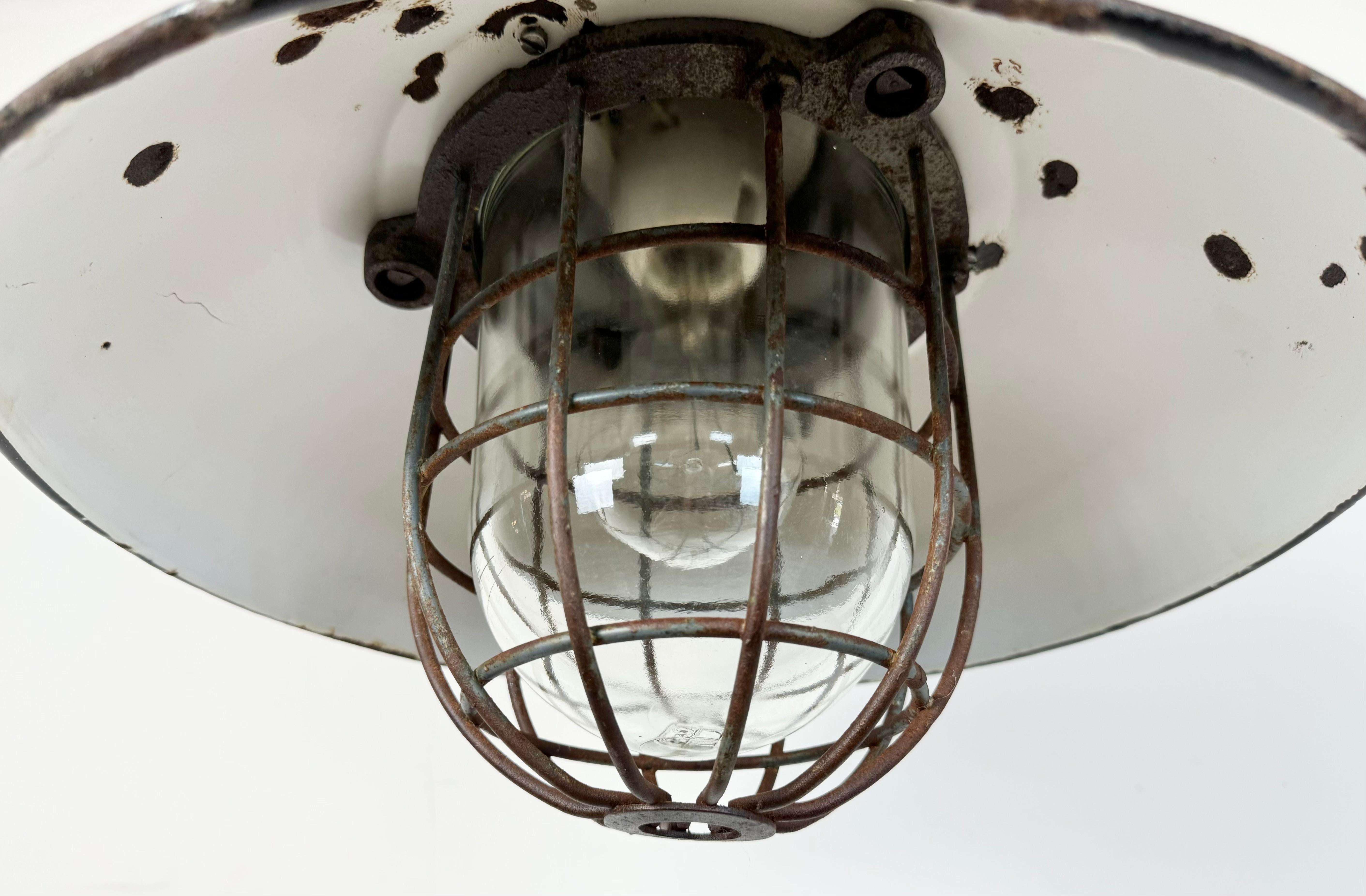 Black Enamel and Cast Iron Industrial Cage Pendant Light, 1960s In Fair Condition For Sale In Kojetice, CZ