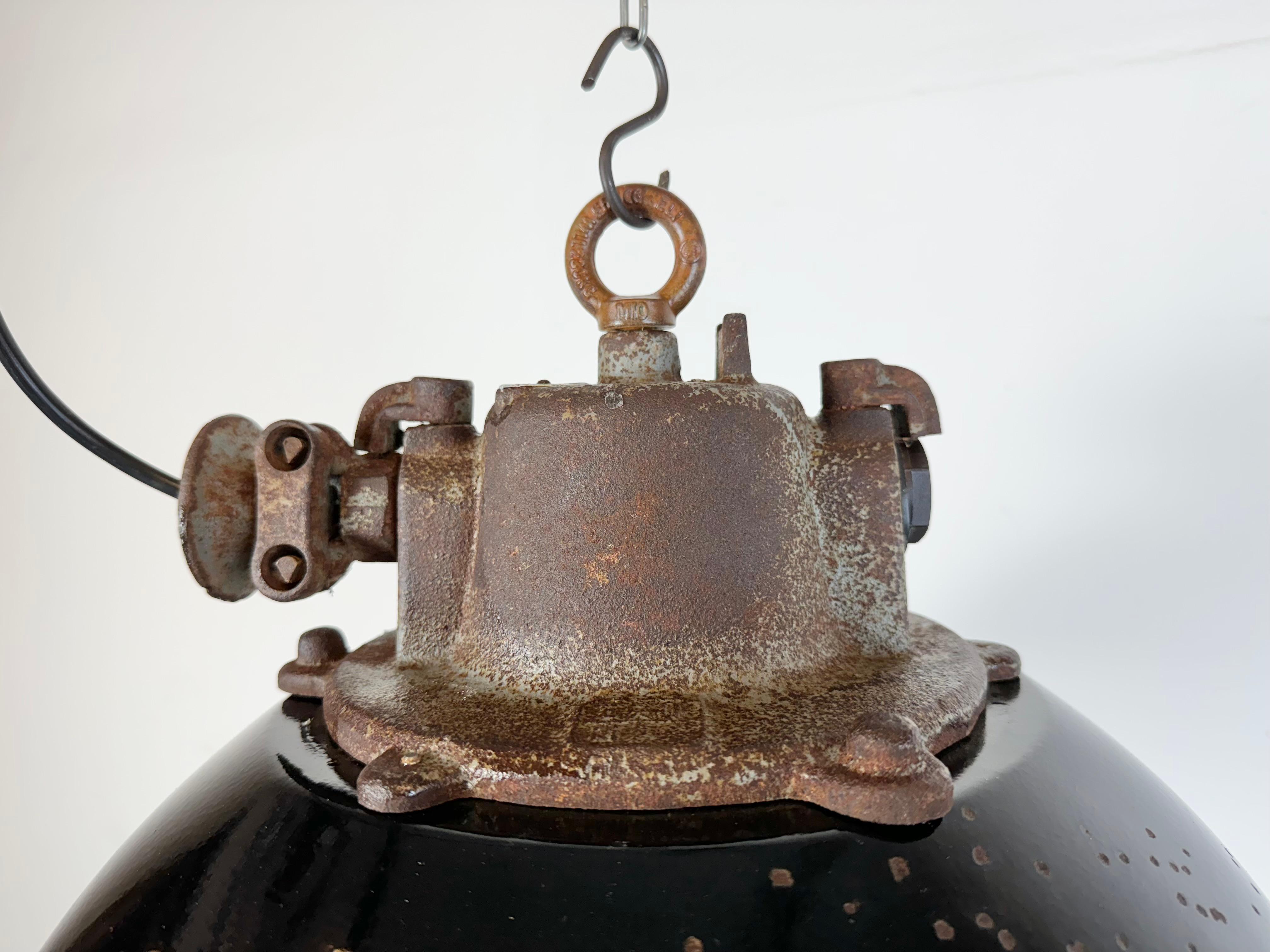 Black Enamel and Cast Iron Industrial Cage Pendant Light, 1960s In Fair Condition For Sale In Kojetice, CZ