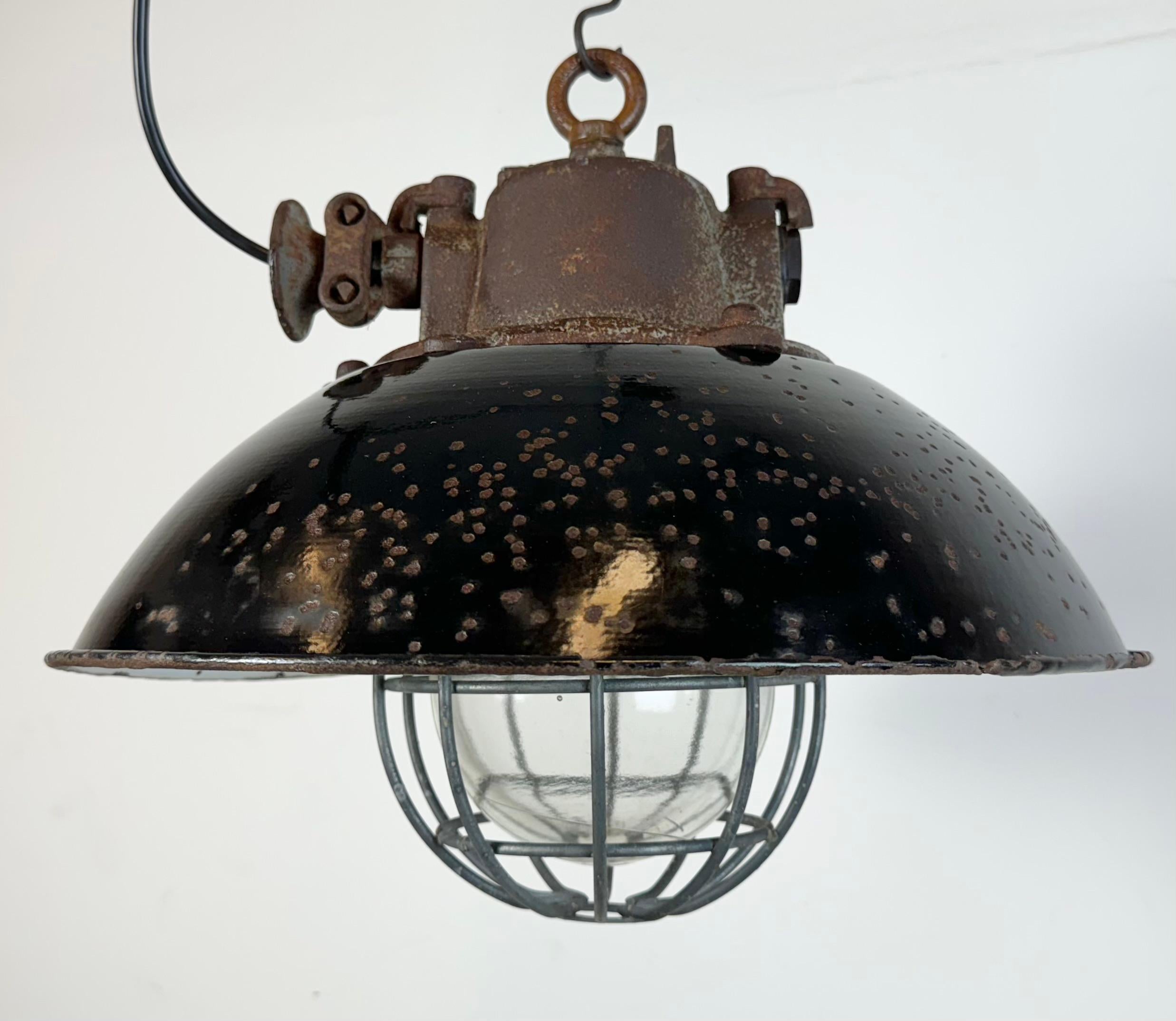 20th Century Black Enamel and Cast Iron Industrial Cage Pendant Light, 1960s For Sale