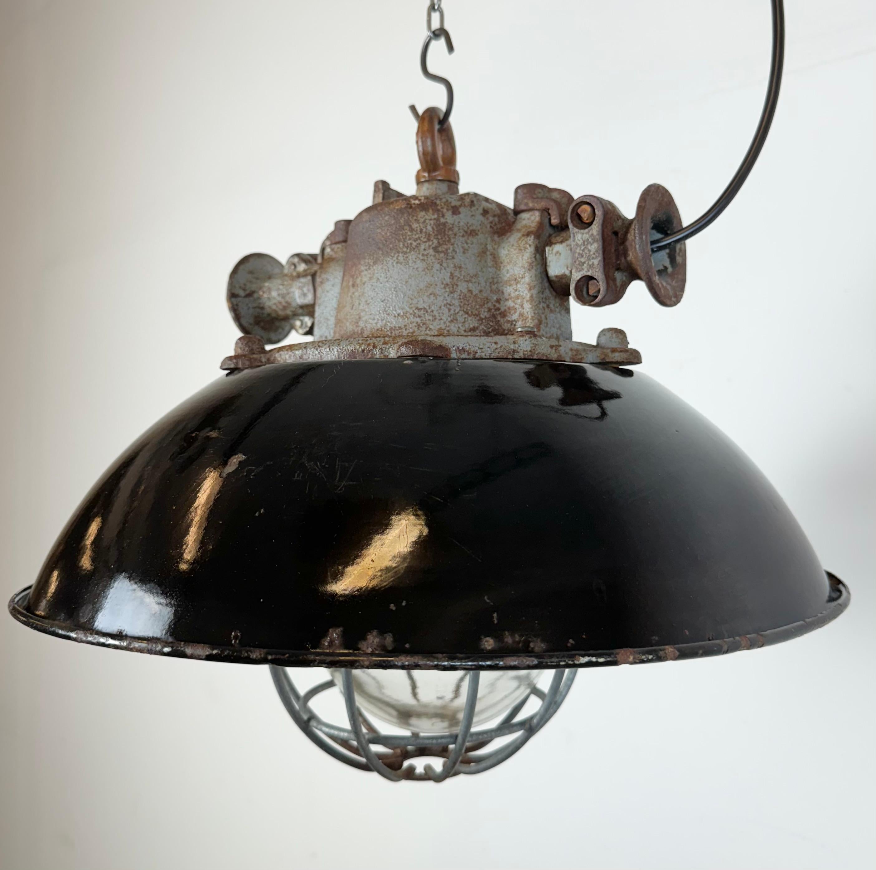 20th Century Black Enamel and Cast Iron Industrial Cage Pendant Light, 1960s