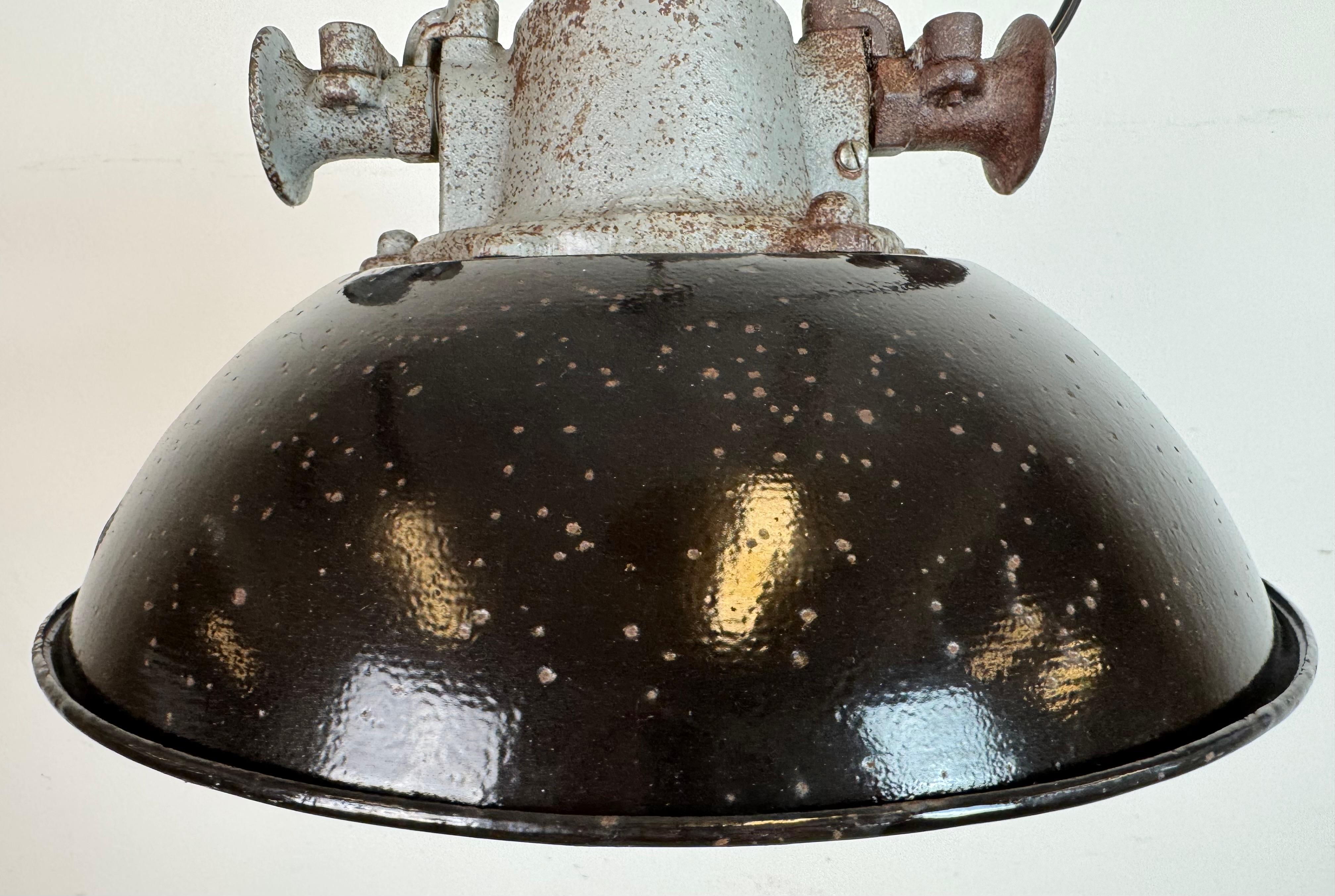 Lámpara colgante de jaula industrial de hierro fundido y esmalte negro, años 1960 Vaciado en venta