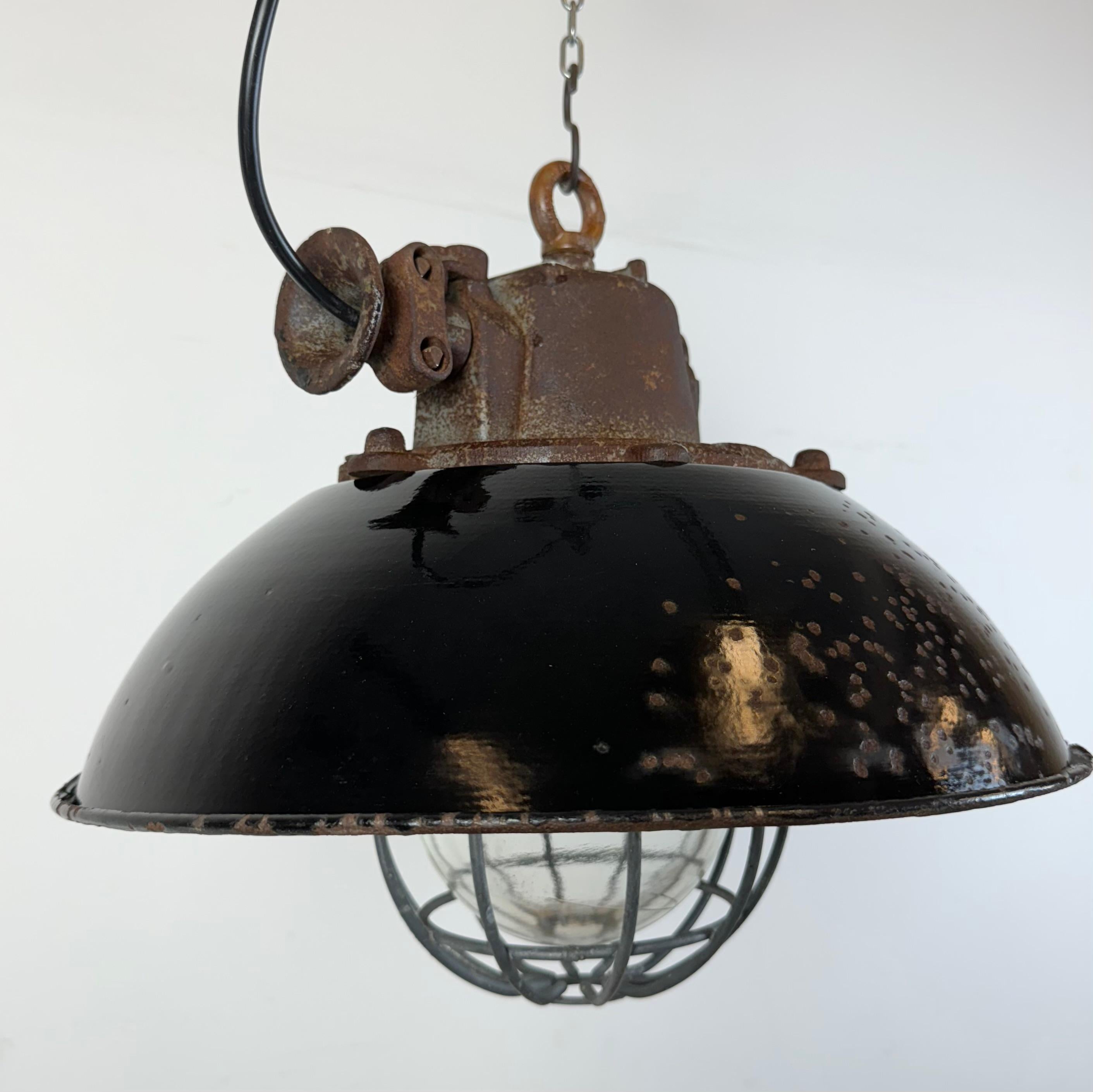 Black Enamel and Cast Iron Industrial Cage Pendant Light, 1960s For Sale 2