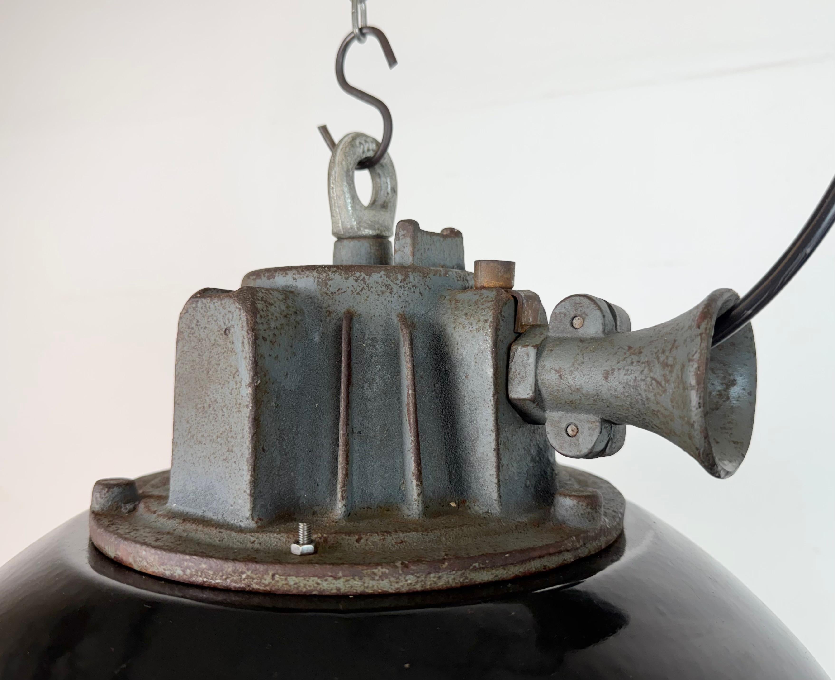 XX secolo Lampada a sospensione industriale a gabbia in ghisa e smalto nero, anni '1960 in vendita
