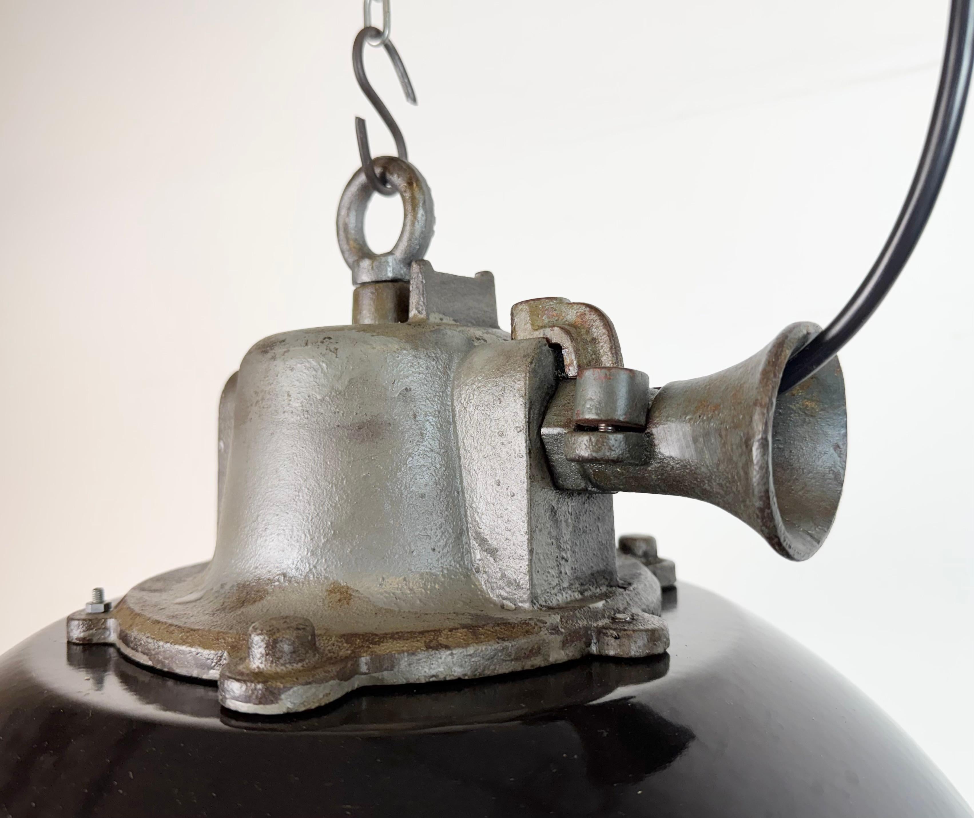 Metà XX secolo Lampada a sospensione industriale a gabbia in ghisa e smalto nero, anni '1960 in vendita