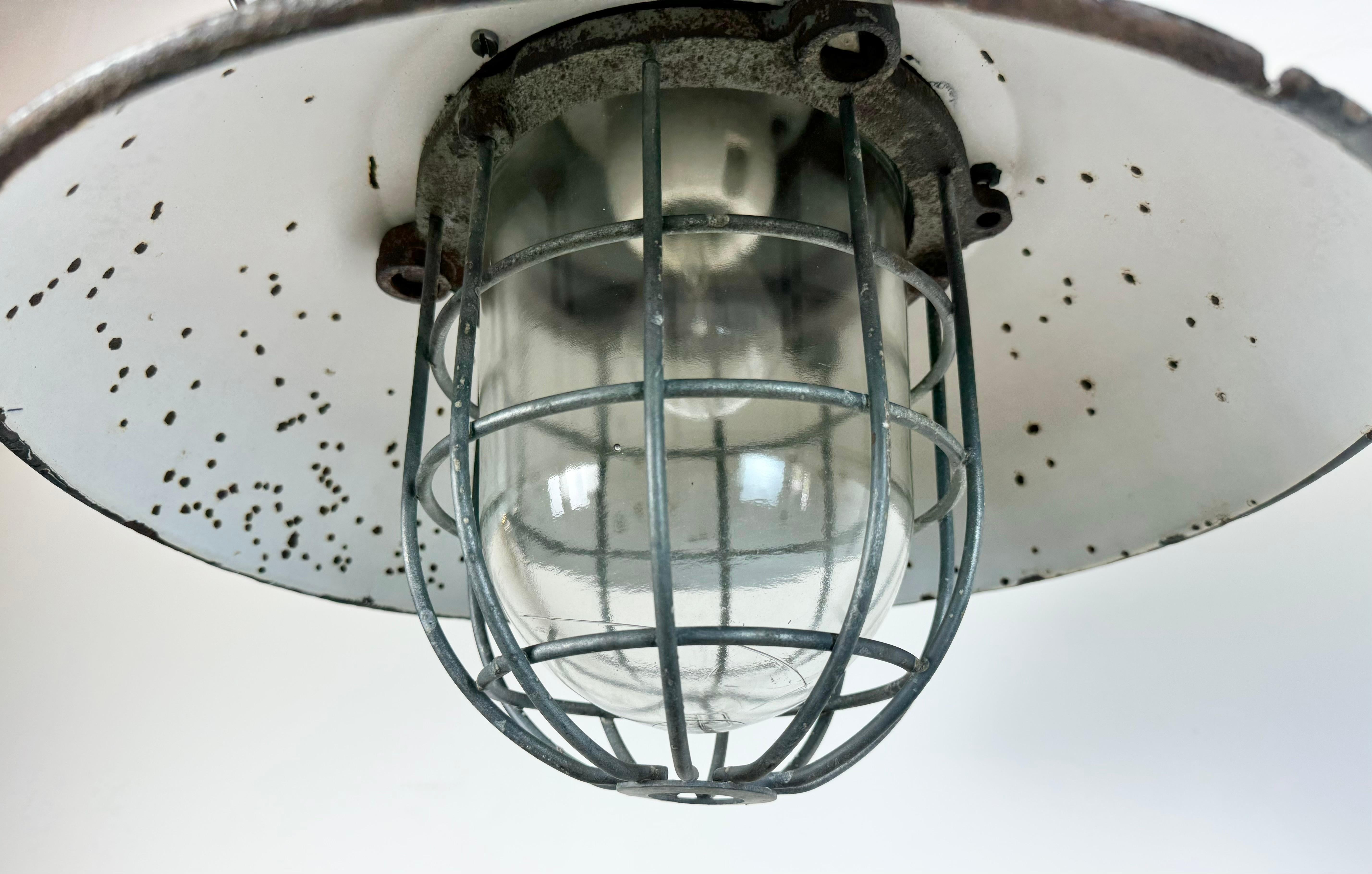 Black Enamel and Cast Iron Industrial Cage Pendant Light, 1960s For Sale 3