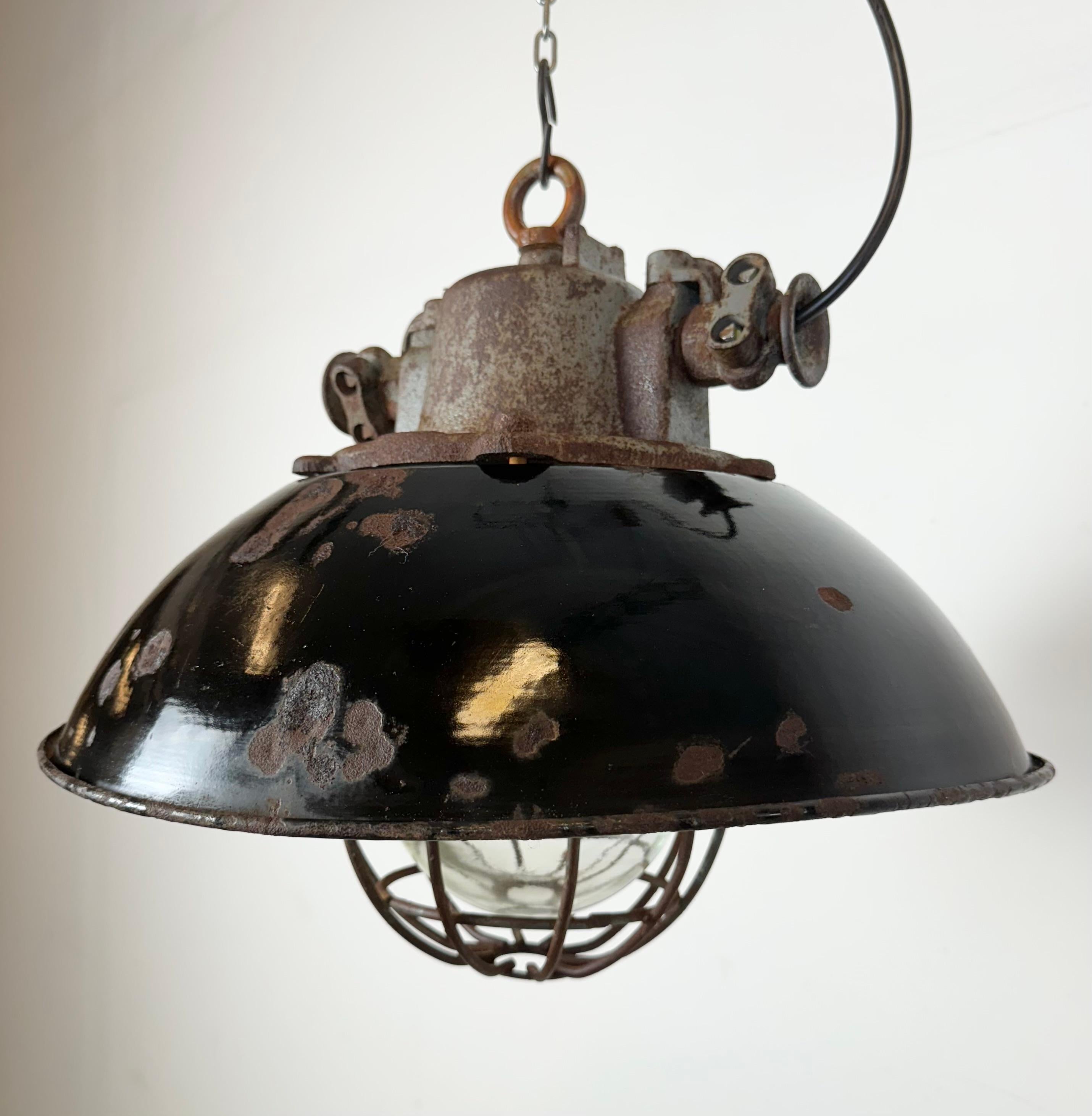Black Enamel and Cast Iron Industrial Cage Pendant Light, 1960s For Sale 4