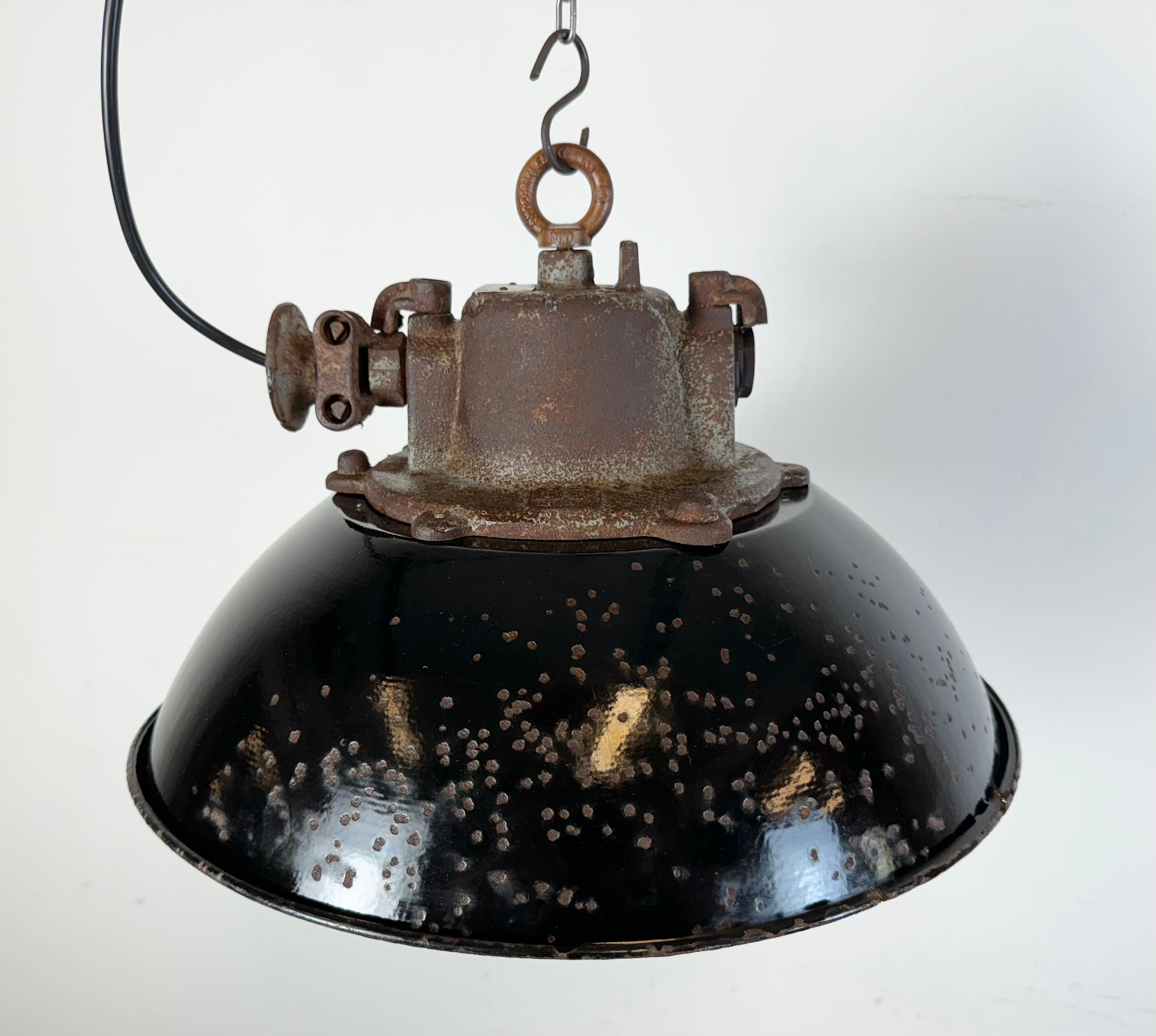 Black Enamel and Cast Iron Industrial Cage Pendant Light, 1960s For Sale 4
