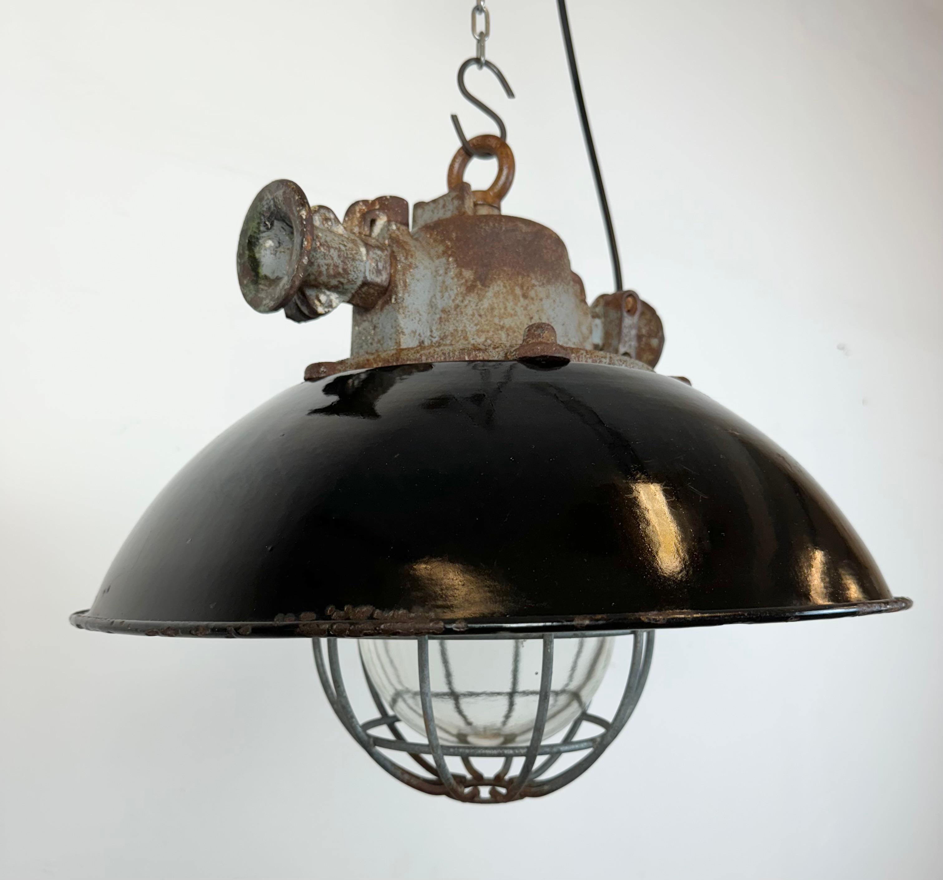 Black Enamel and Cast Iron Industrial Cage Pendant Light, 1960s 4
