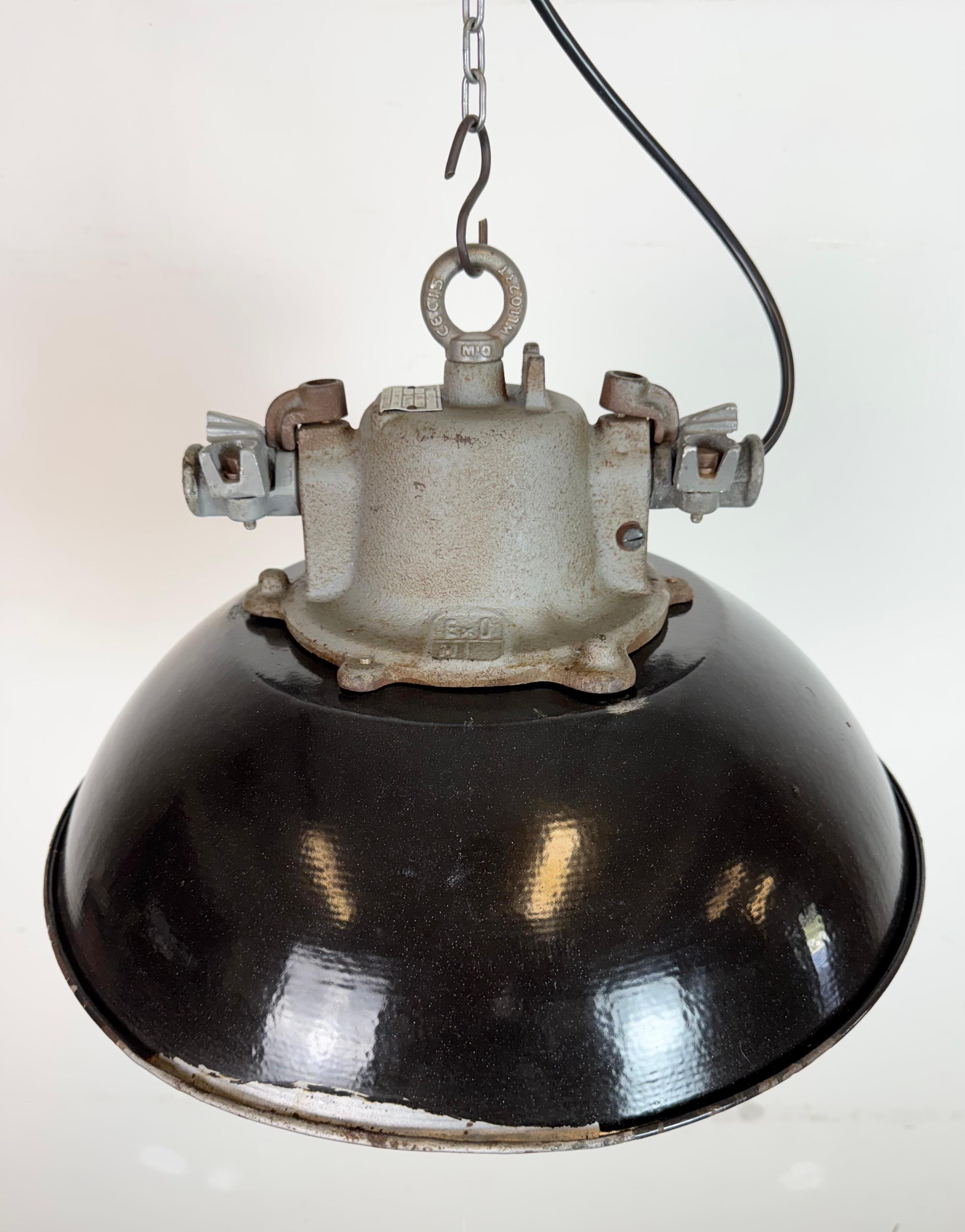 Lámpara colgante de jaula industrial de hierro fundido y esmalte negro, años 1960 en venta 1