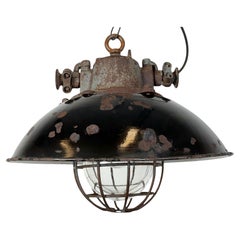 Industrielle Käfig-Pendelleuchte aus schwarzer Emaille und Gusseisen, 1960er Jahre