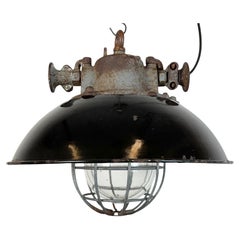 Black Enamel and Cast Iron Industrial Cage Pendant Light, 1960s