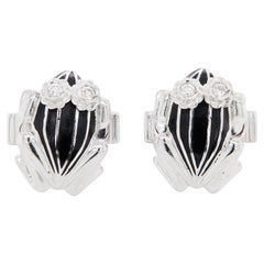 Black Enamel and Diamond 18 Carat White Gold Frog Cufflinks