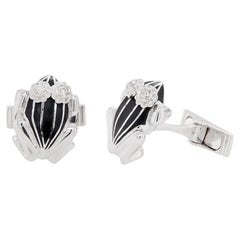 Black Enamel and Diamond 18 Carat White Gold Frog Cufflinks