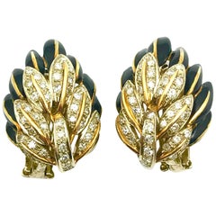 Black Enamel and Diamond 18 Karat Yellow and White Gold Clip Earrings