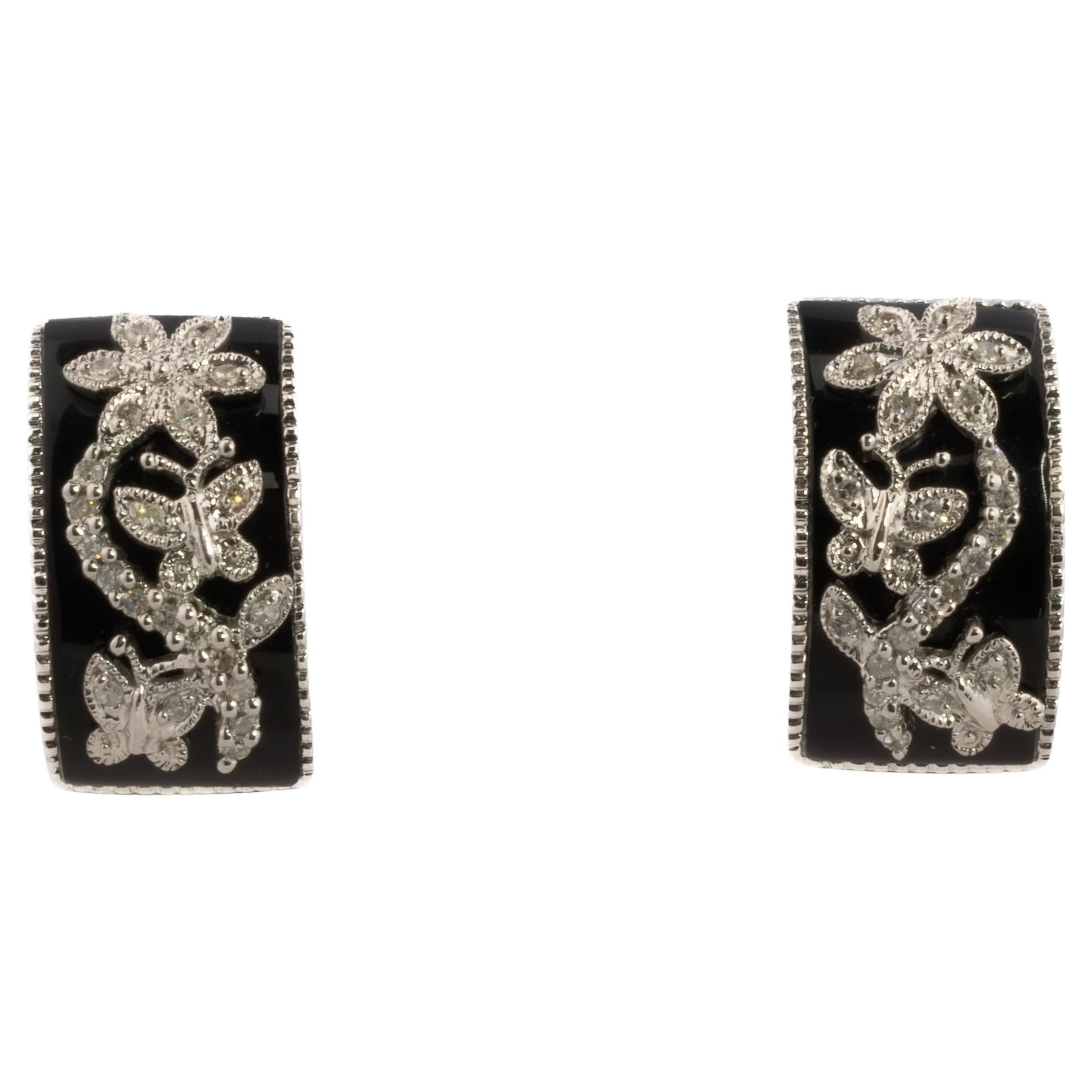 Black Enamel and Diamond Butterfly Motif Earrings For Sale