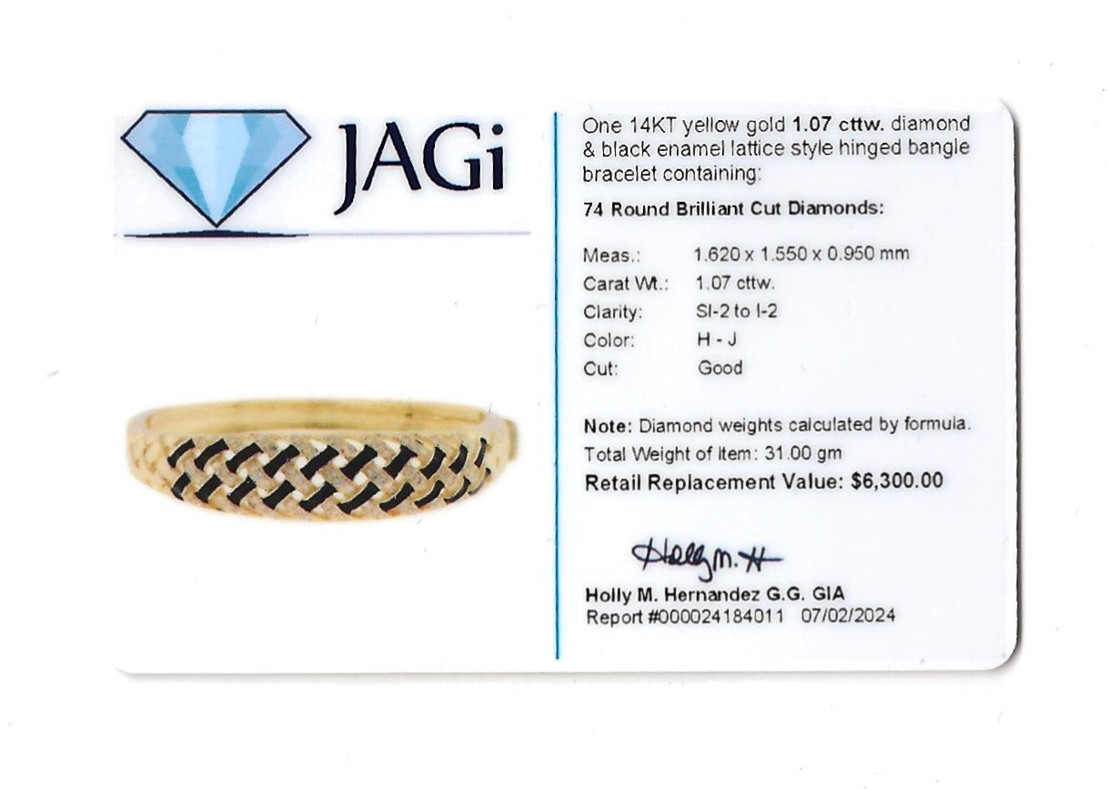 Bracelet à charnière en or 14 carats avec émail noir et diamants en forme de treillis en vente 4
