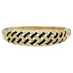 Black Enamel and Diamond Lattice Style Hinged Bangle Bracelet in 14 Karat Gold