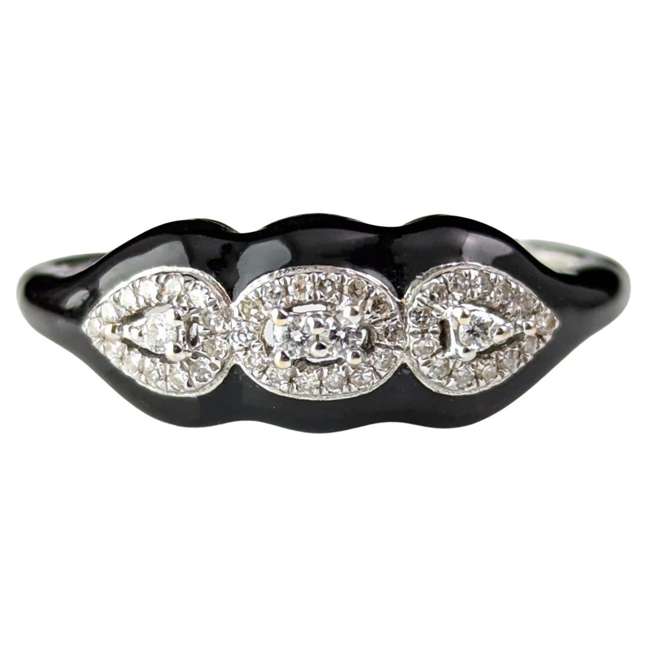 Black enamel and Diamond ring, 18k white gold, Contemporary  For Sale