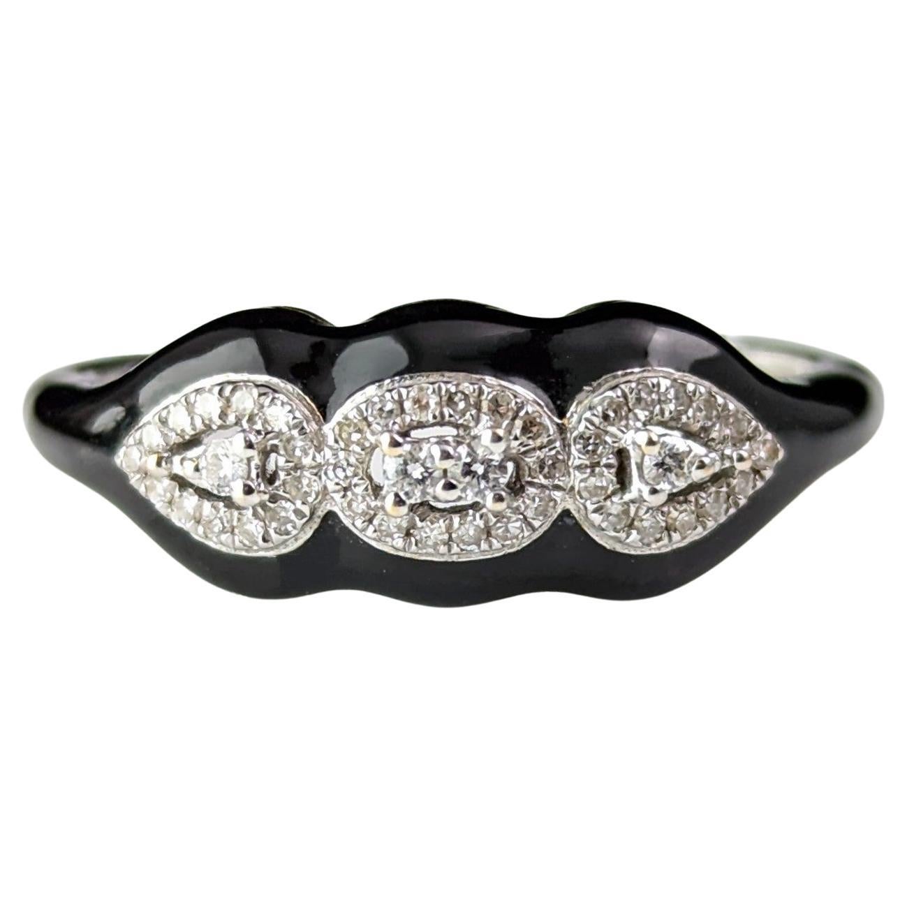 Black enamel and Diamond ring, 18k white gold, Contemporary