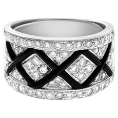 Vintage Black Enamel and Diamond Ring in 18k White Gold, 1.00 Carats in Diamonds