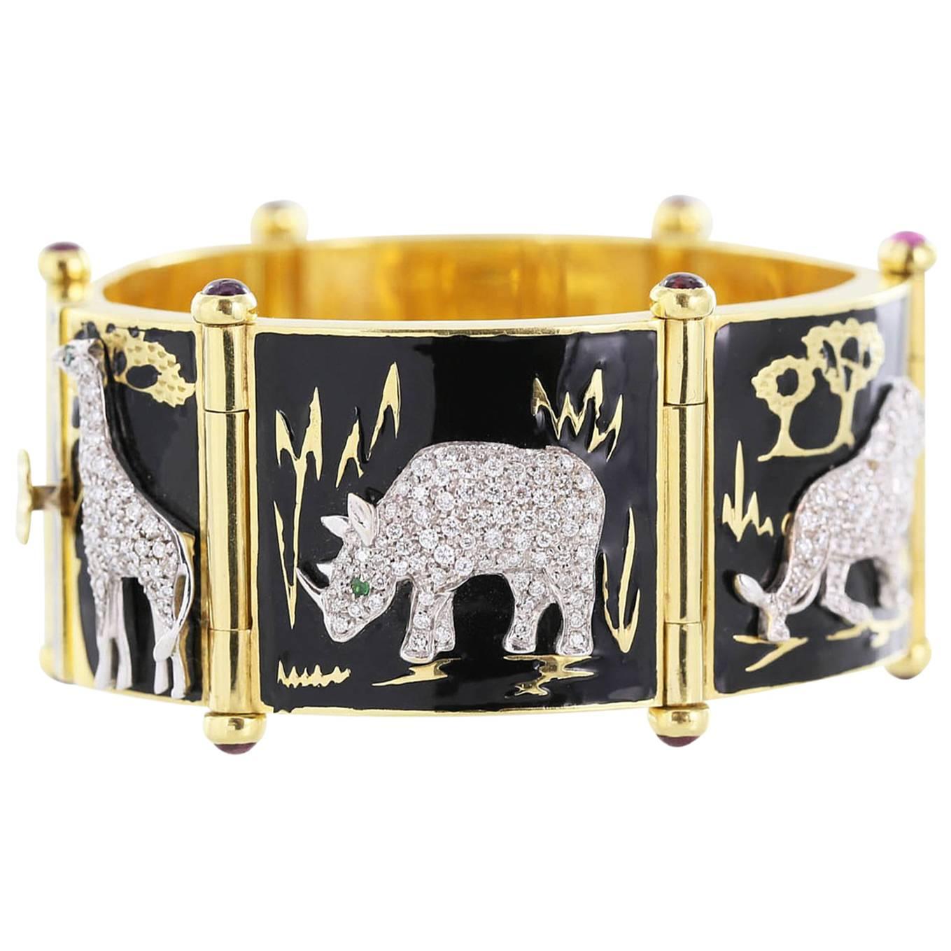 Black Enamel and Diamond Safari Bracelet For Sale