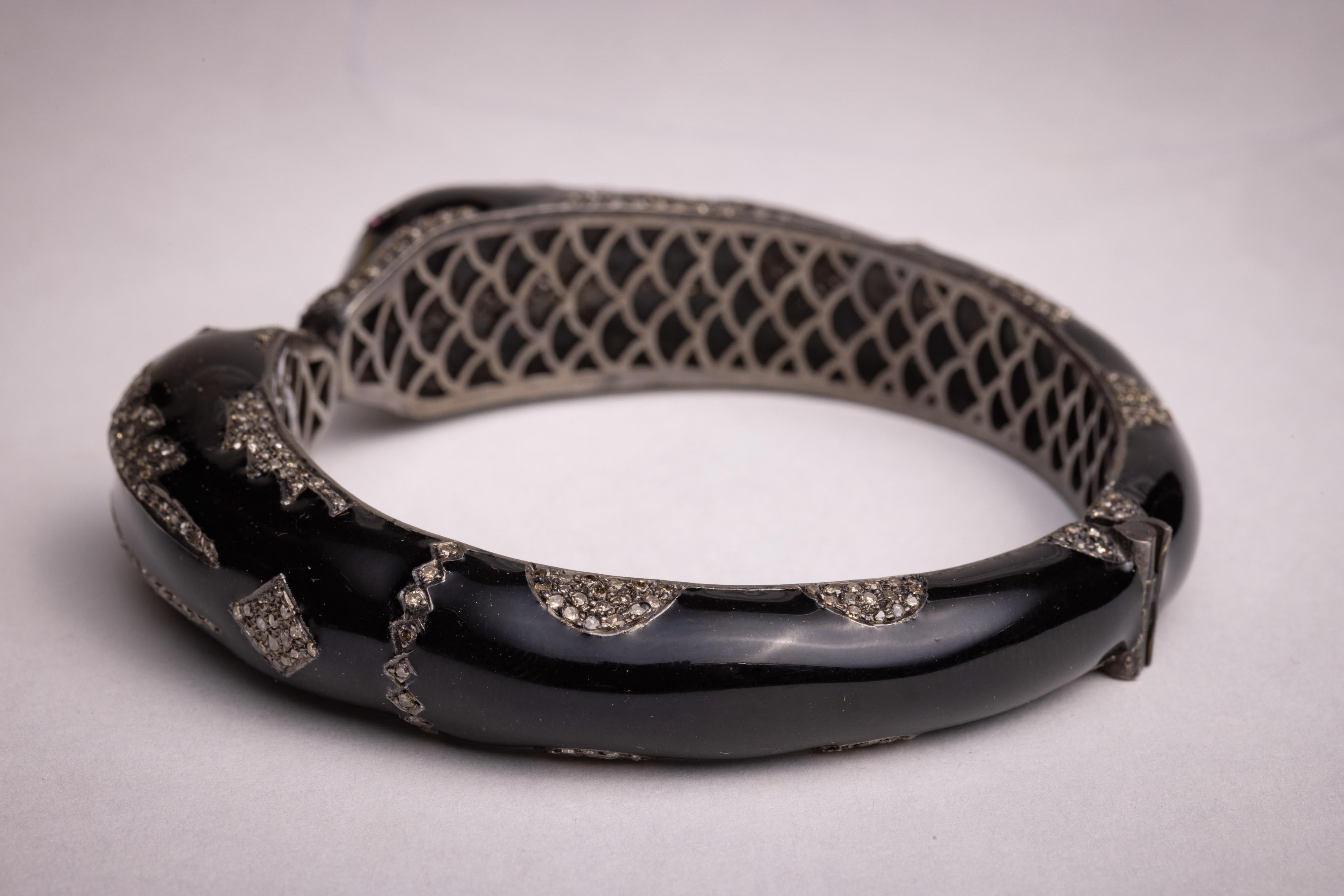 Round Cut Black Enamel and Diamond Snake Cuff Bangle Bracelet For Sale