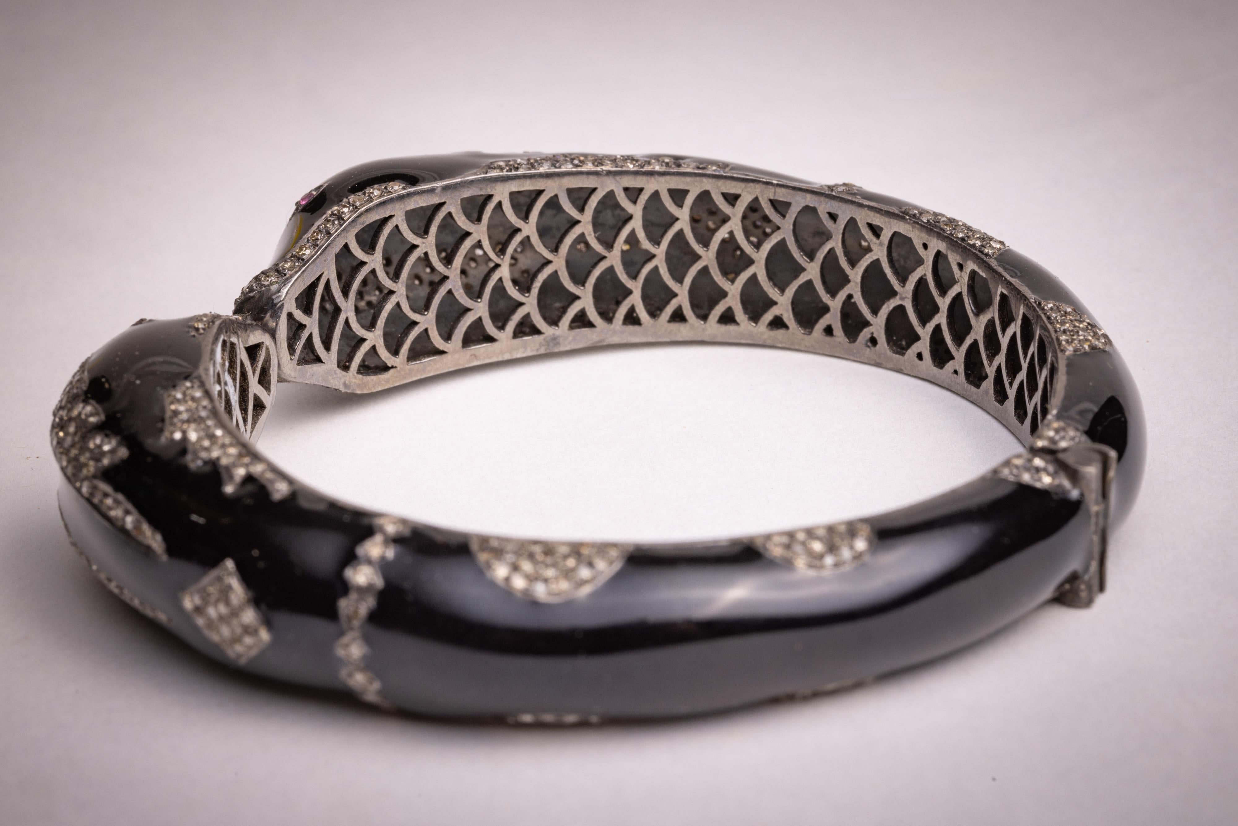 Black Enamel and Diamond Snake Cuff Bangle Bracelet In Excellent Condition For Sale In Nantucket, MA