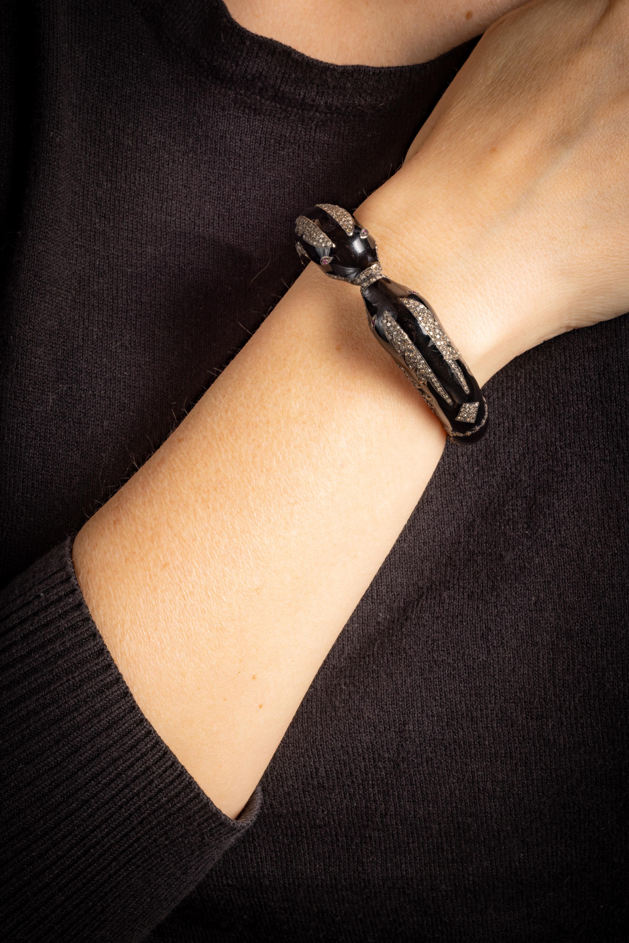 Women's or Men's Black Enamel and Diamond Snake Cuff Bangle Bracelet For Sale