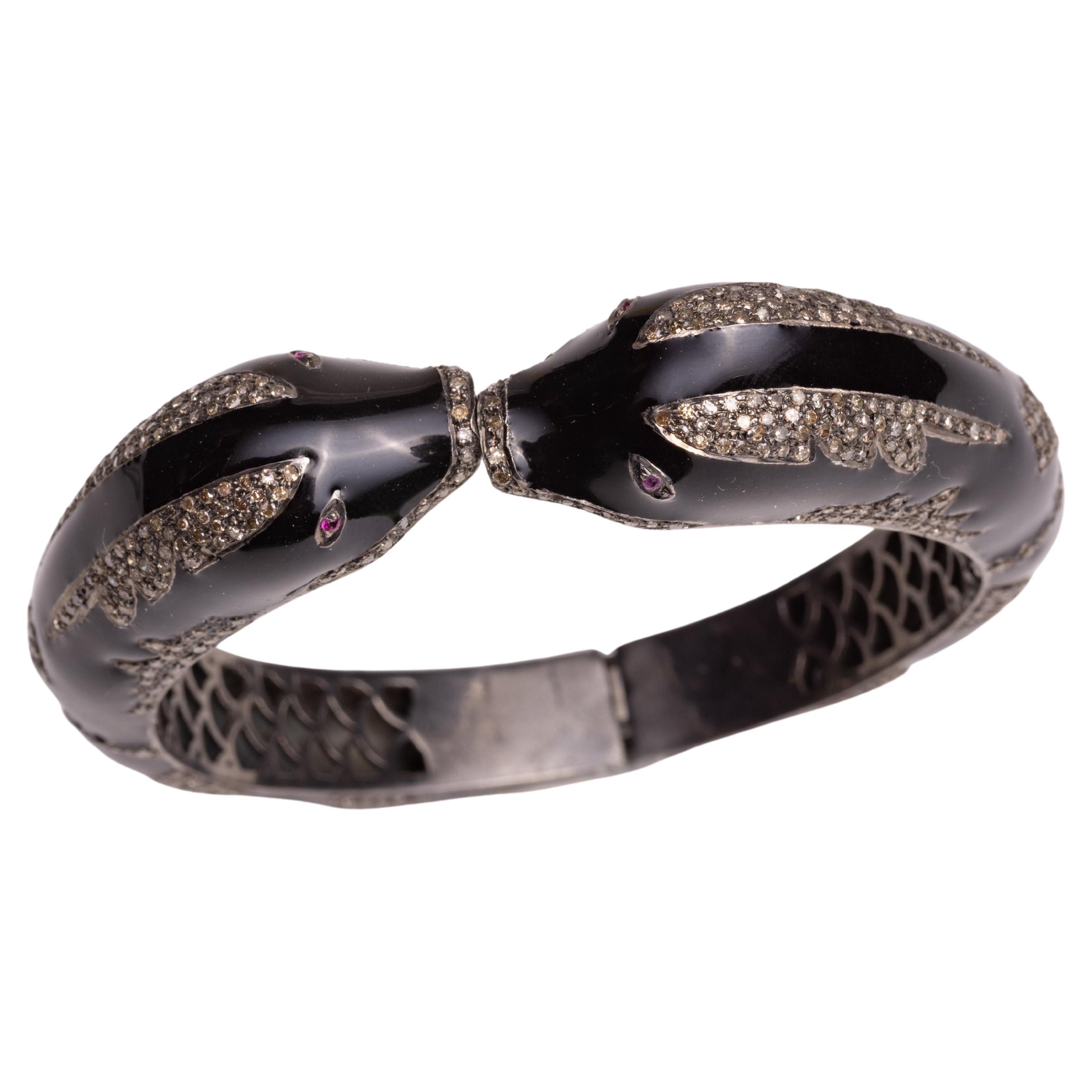 Black Enamel and Diamond Snake Cuff Bangle Bracelet