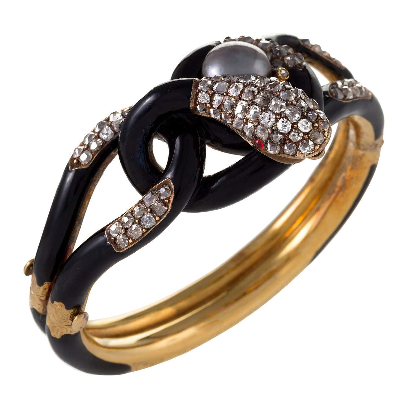 Black Enamel and Natural Gray Pearl Serpent Bangle Bracelet For Sale at ...