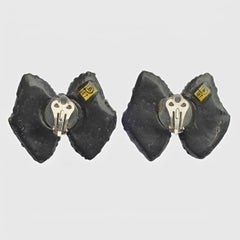 Black Enamel and Resin Bow Clip On Earrings with Rhinestones 1980s