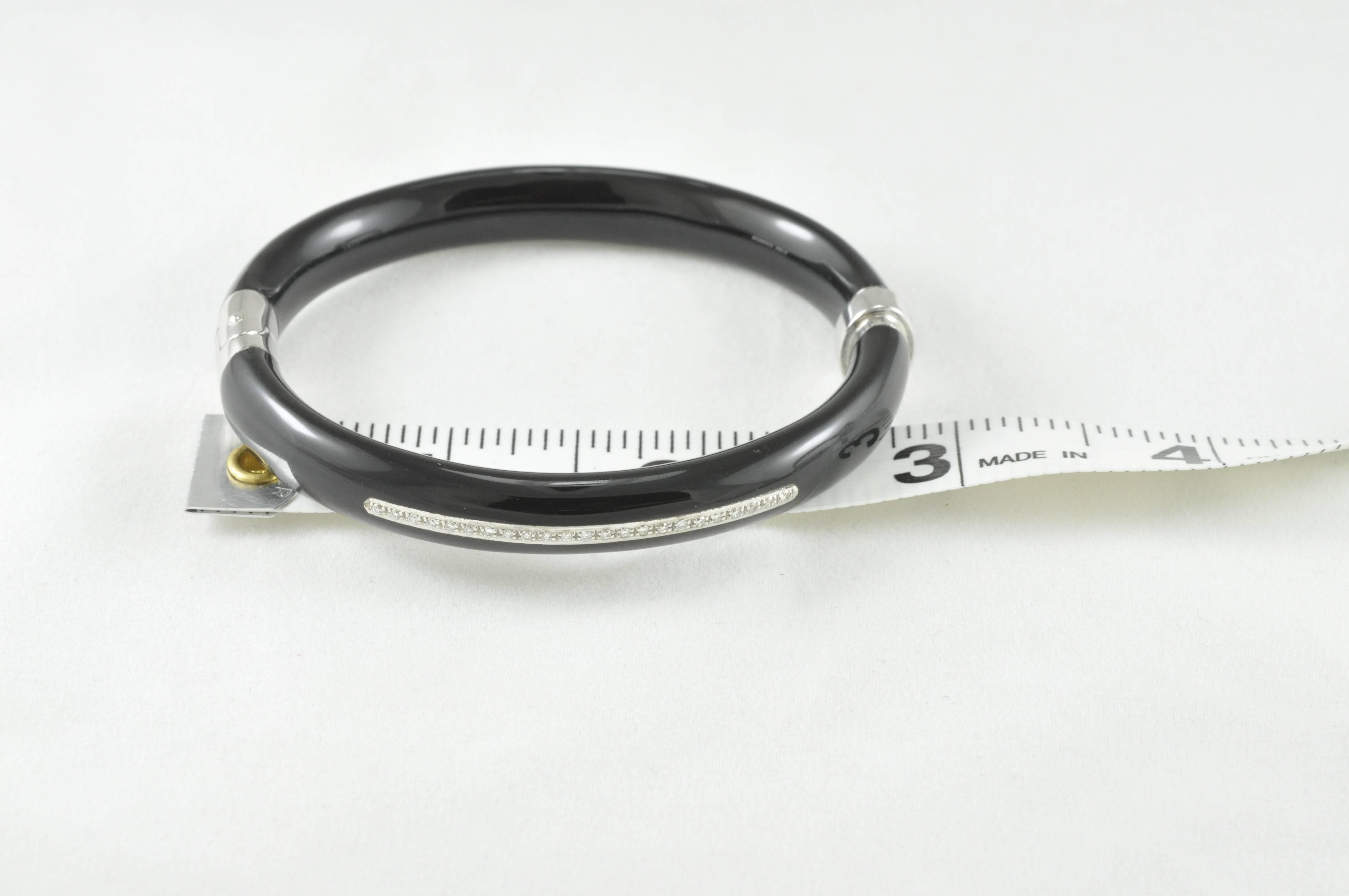Round Cut Black Enamel and Sterling Silver Bangle Bracelet