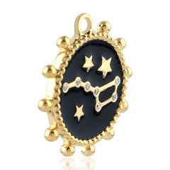 Black Enamel Zodiac Astrology 14 Karat Gold Charm Diamond Pendant Necklace