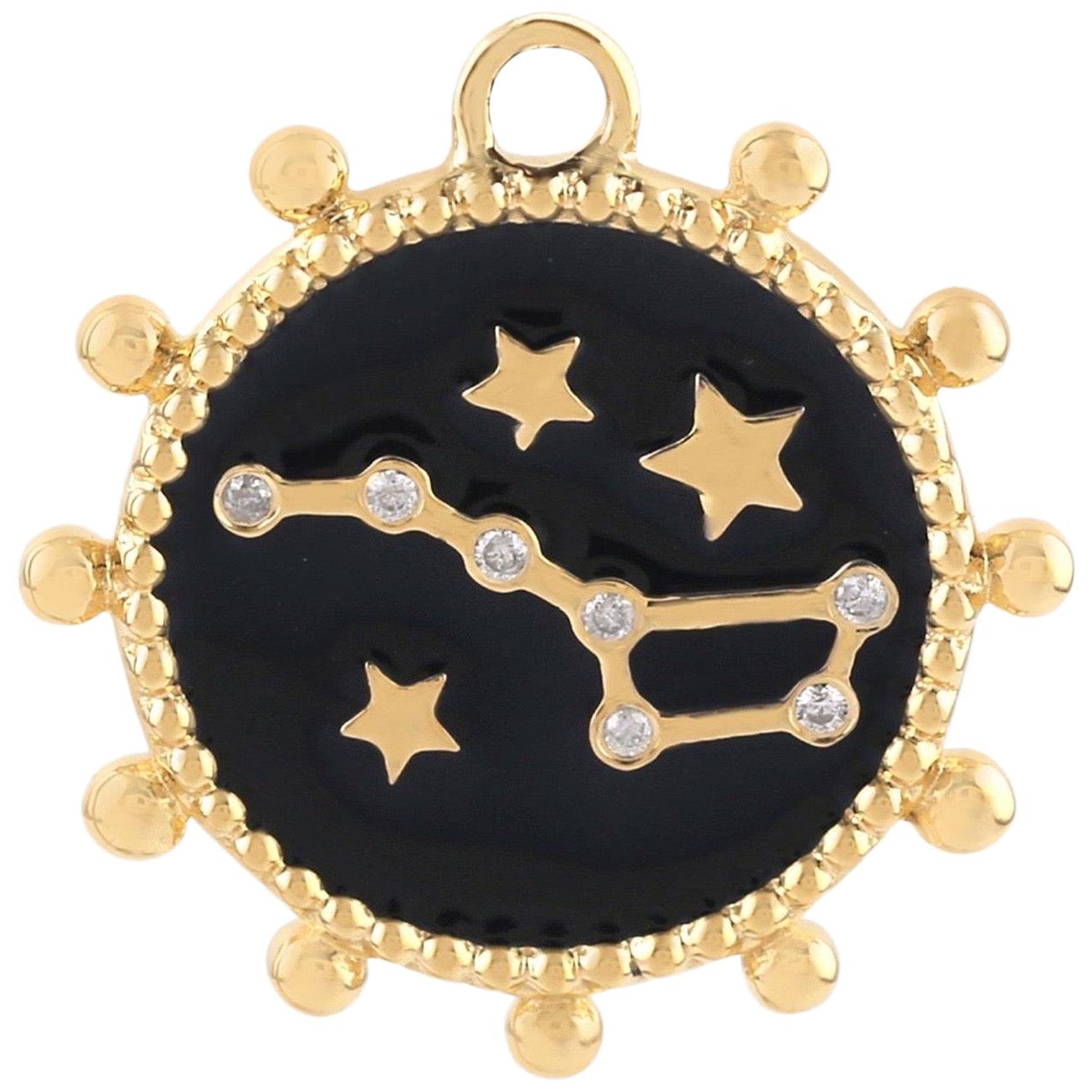 Black Enamel Zodiac Astrology 14 Karat Gold Charm Diamond Pendant Necklace