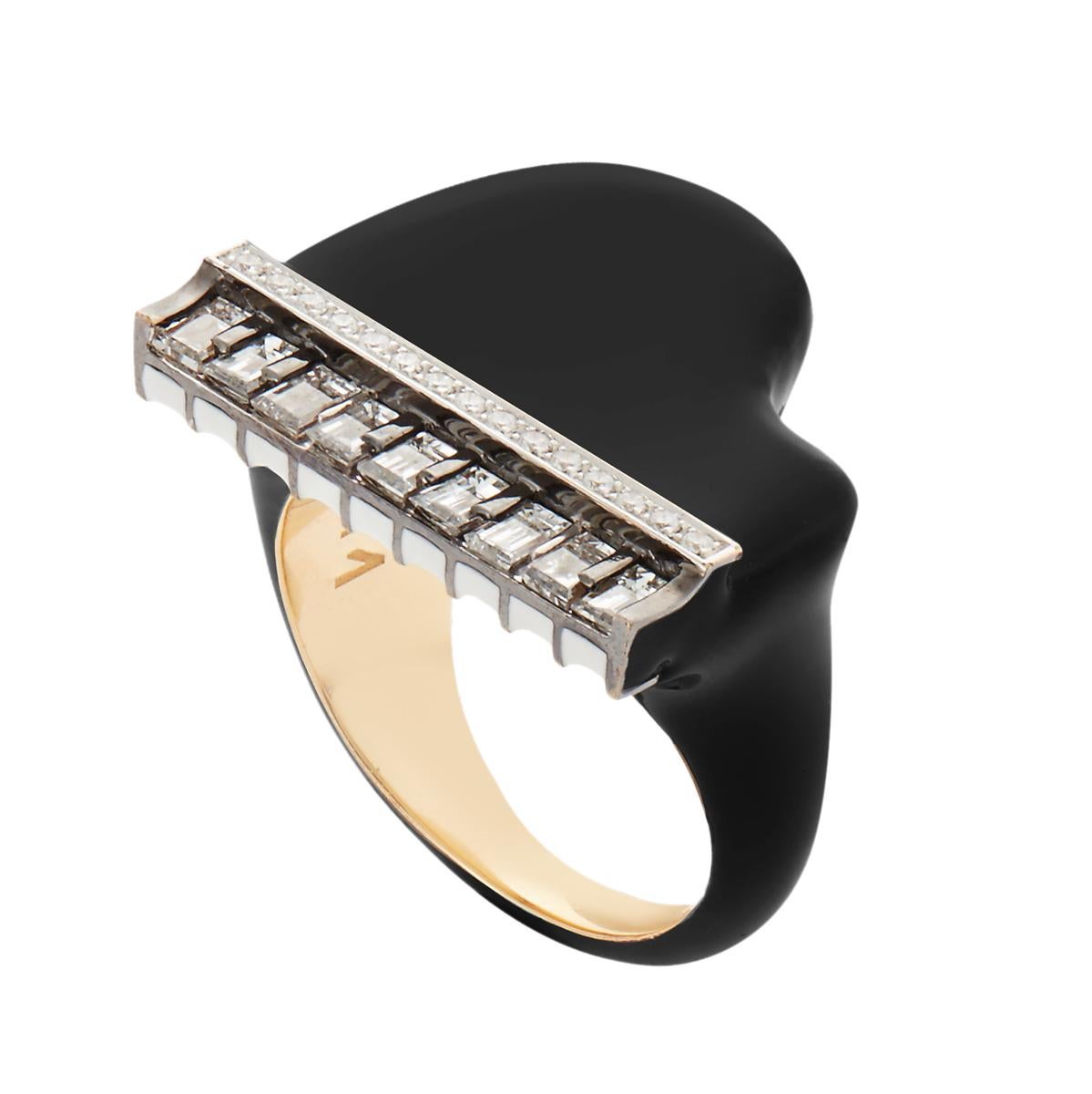 Ileana Makri Black Enamel and Baguette White Diamond Piano Cocktail Ring For Sale
